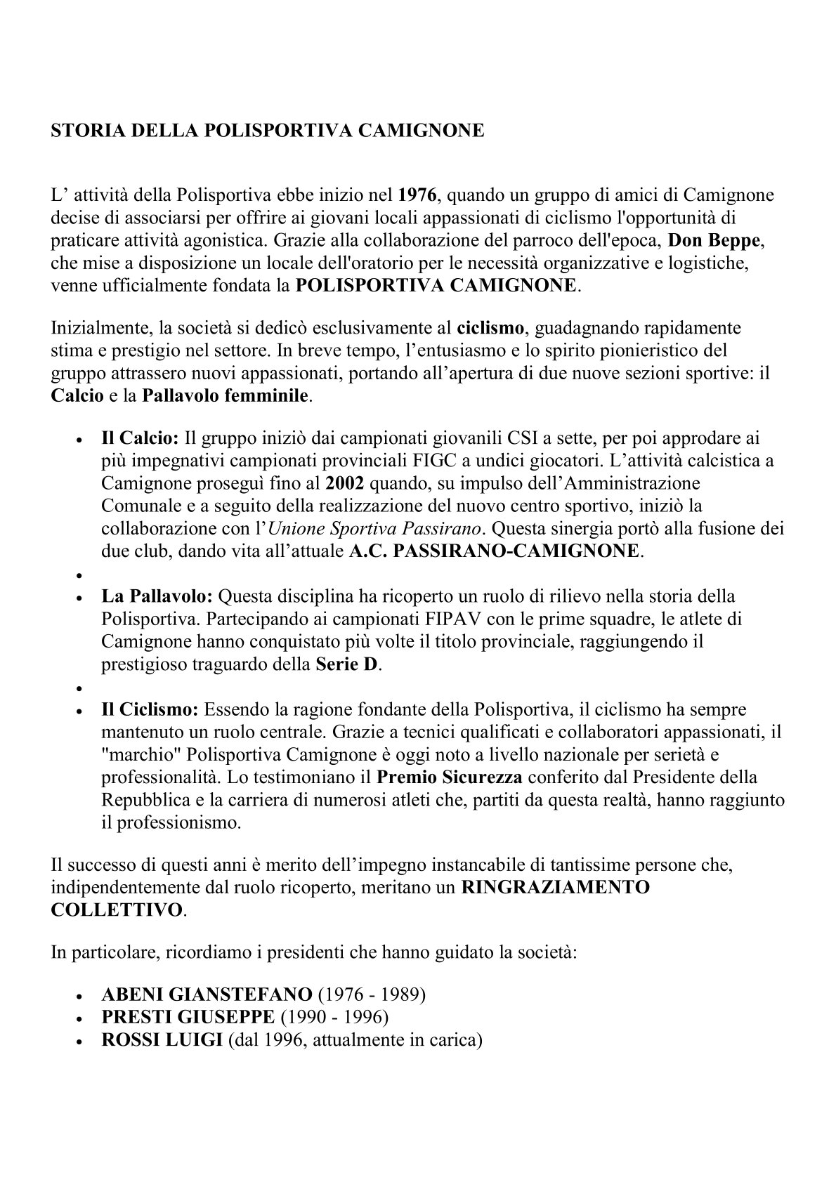 STORIA DELLA POLISPORTIVA CAMIGNONE 1